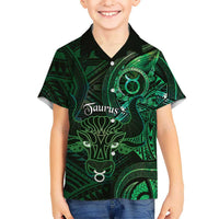 Personalised Polynesia Zodiac Taurus Family Matching Off Shoulder Maxi Dress and Hawaiian Shirt Galaxy Polynesian Pattern Chest Tattoo Style LT14 Son's Shirt Green - Polynesian Pride