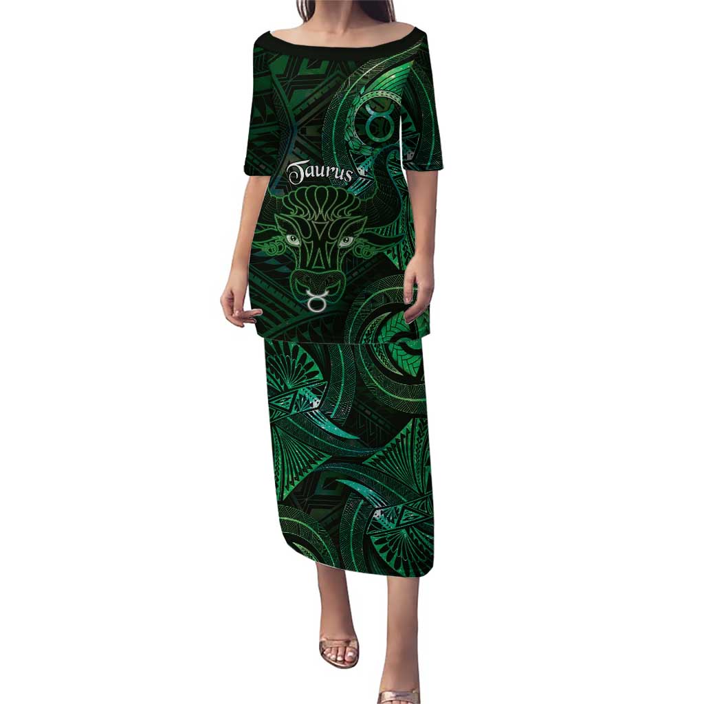 Personalised Polynesia Zodiac Taurus Family Matching Puletasi and Hawaiian Shirt Galaxy Polynesian Pattern Chest Tattoo Style LT14 Mom's Dress Green - Polynesian Pride