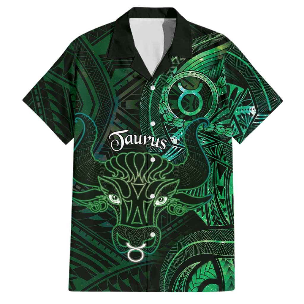 Personalised Polynesia Zodiac Taurus Family Matching Short Sleeve Bodycon Dress and Hawaiian Shirt Galaxy Polynesian Pattern Chest Tattoo Style LT14 Dad's Shirt - Short Sleeve Green - Polynesian Pride