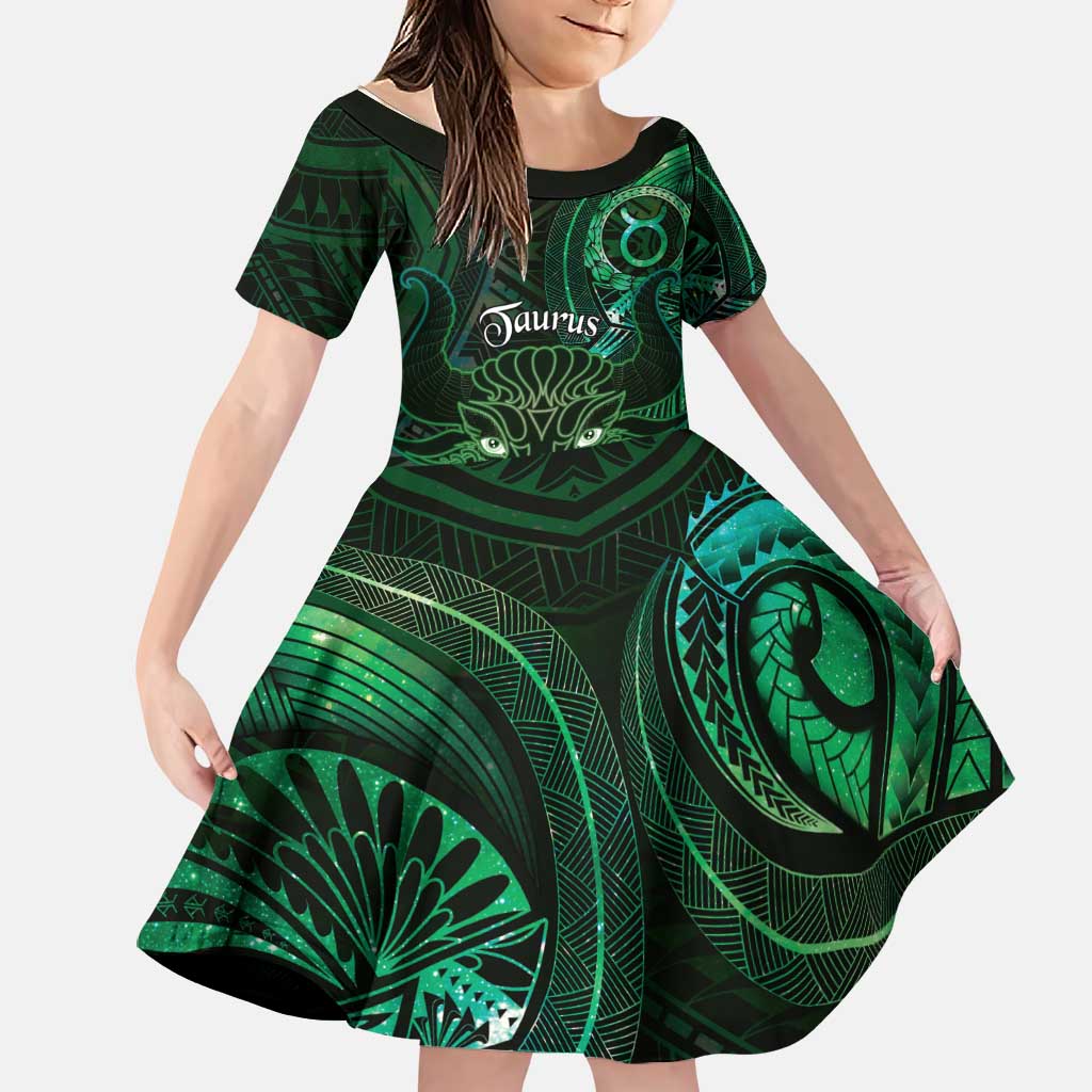 Personalised Polynesia Zodiac Taurus Family Matching Tank Maxi Dress and Hawaiian Shirt Galaxy Polynesian Pattern Chest Tattoo Style LT14 Daughter's Dress Green - Polynesian Pride