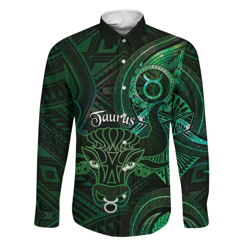 Personalised Polynesia Zodiac Taurus Family Matching Tank Maxi Dress and Hawaiian Shirt Galaxy Polynesian Pattern Chest Tattoo Style LT14 Dad's Shirt - Long Sleeve Green - Polynesian Pride