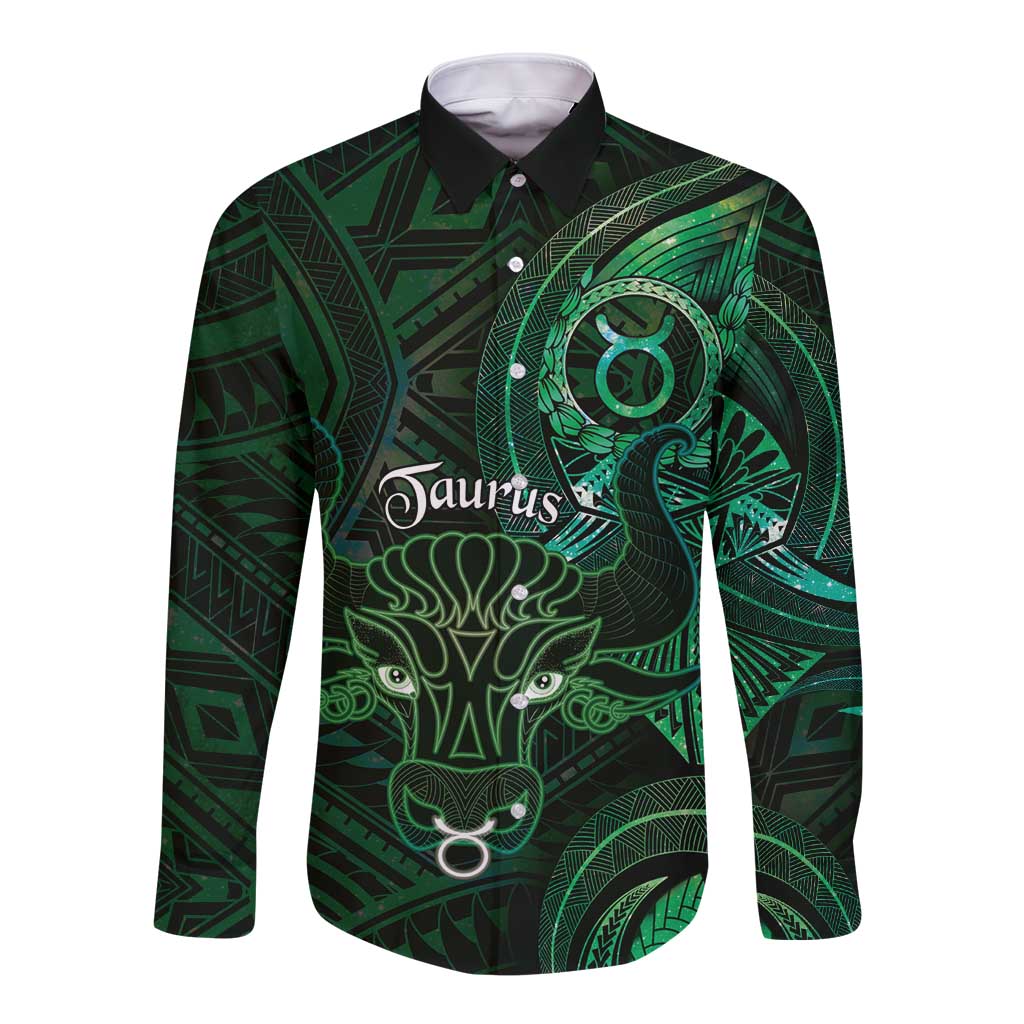 Personalised Polynesia Zodiac Taurus Long Sleeve Button Shirt Galaxy Polynesian Pattern Chest Tattoo Style