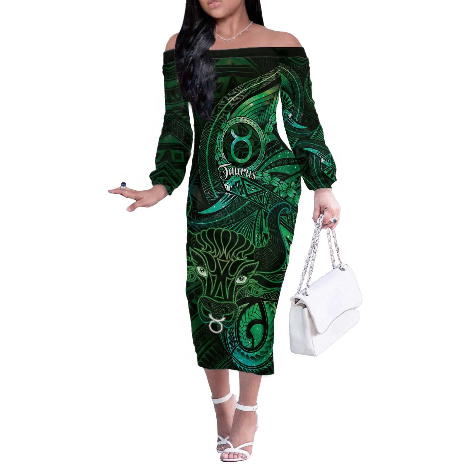 Personalised Polynesia Zodiac Taurus Off The Shoulder Long Sleeve Dress Galaxy Polynesian Pattern Chest Tattoo Style