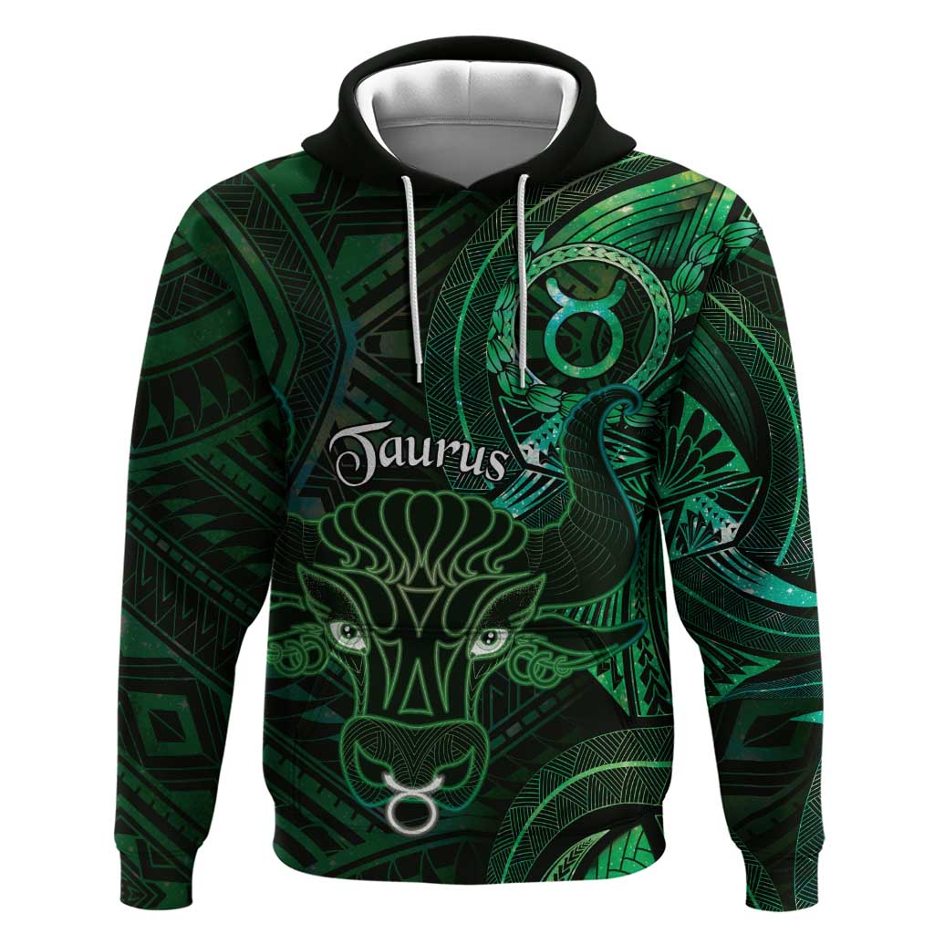 Personalised Polynesia Zodiac Taurus Zip Hoodie Galaxy Polynesian Pattern Chest Tattoo Style LT14 Pullover Hoodie Green - Polynesian Pride