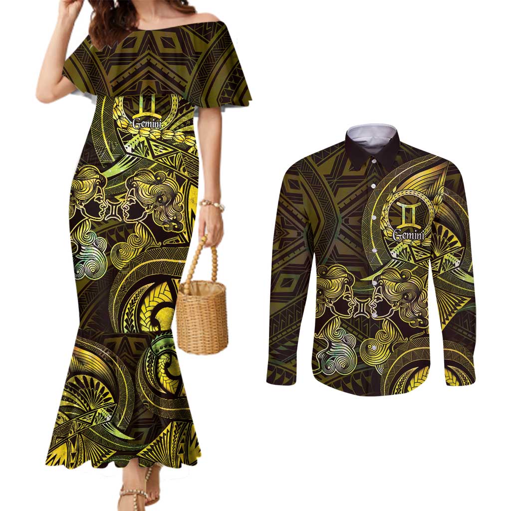 Personalised Polynesia Zodiac Gemini Couples Matching Mermaid Dress and Long Sleeve Button Shirt Galaxy Polynesian Pattern Chest Tattoo Style LT14 Yellow - Polynesian Pride