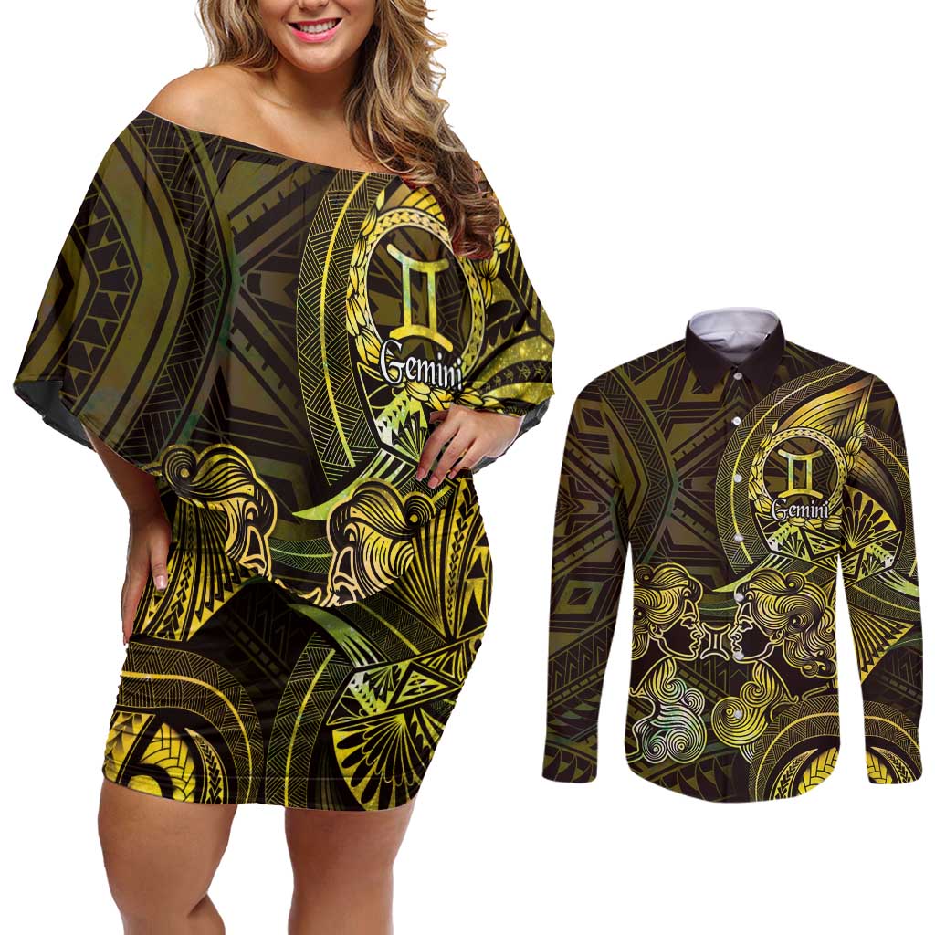 Personalised Polynesia Zodiac Gemini Couples Matching Off Shoulder Short Dress and Long Sleeve Button Shirt Galaxy Polynesian Pattern Chest Tattoo Style LT14 Yellow - Polynesian Pride