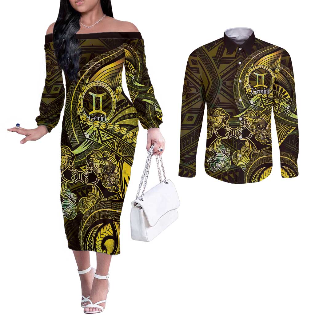 Personalised Polynesia Zodiac Gemini Couples Matching Off The Shoulder Long Sleeve Dress and Long Sleeve Button Shirt Galaxy Polynesian Pattern Chest Tattoo Style LT14 Yellow - Polynesian Pride