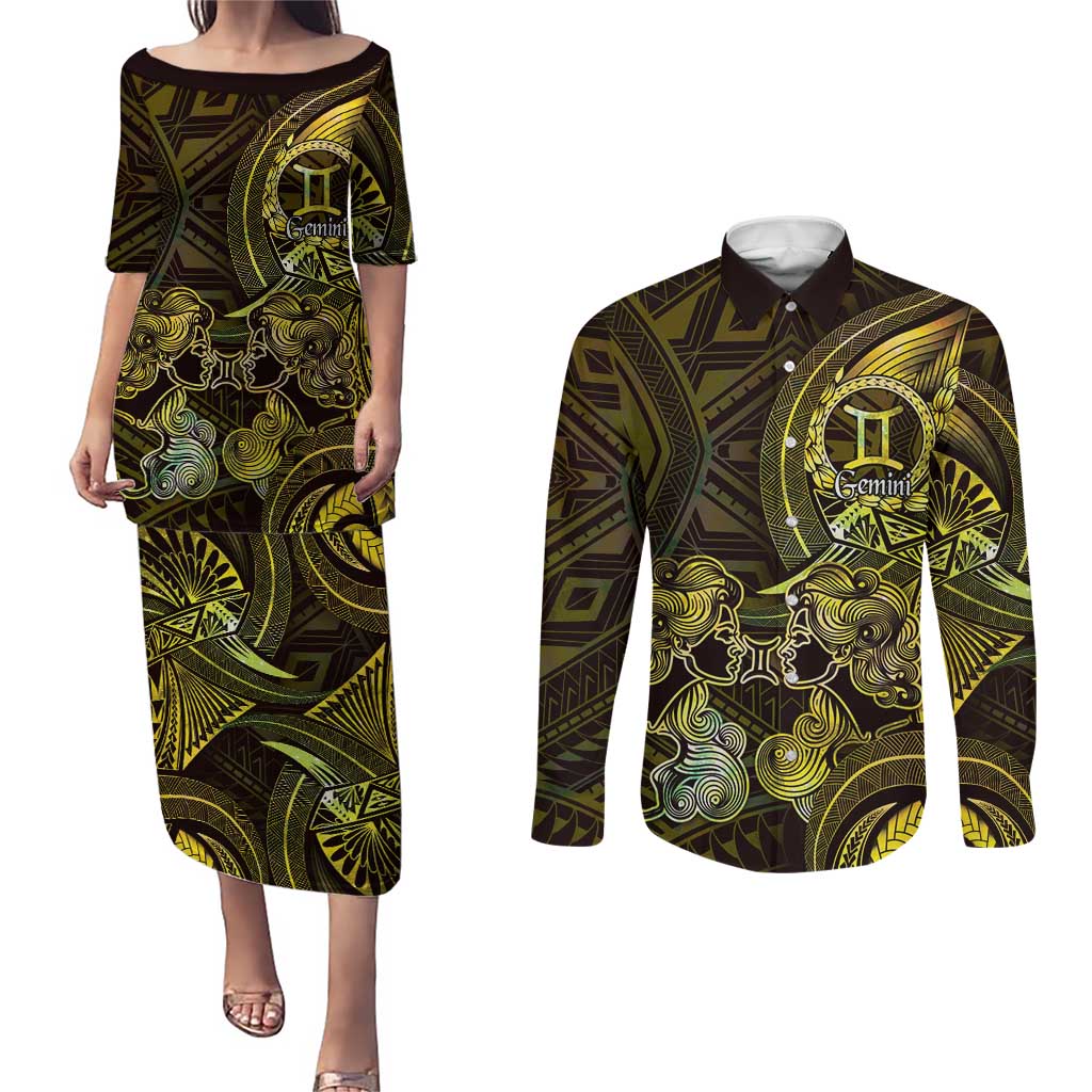 Personalised Polynesia Zodiac Gemini Couples Matching Puletasi and Long Sleeve Button Shirt Galaxy Polynesian Pattern Chest Tattoo Style