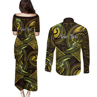 Personalised Polynesia Zodiac Gemini Couples Matching Puletasi and Long Sleeve Button Shirt Galaxy Polynesian Pattern Chest Tattoo Style