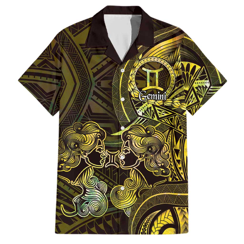 Personalised Polynesia Zodiac Gemini Family Matching Long Sleeve Bodycon Dress and Hawaiian Shirt Galaxy Polynesian Pattern Chest Tattoo Style LT14 Dad's Shirt - Short Sleeve Yellow - Polynesian Pride