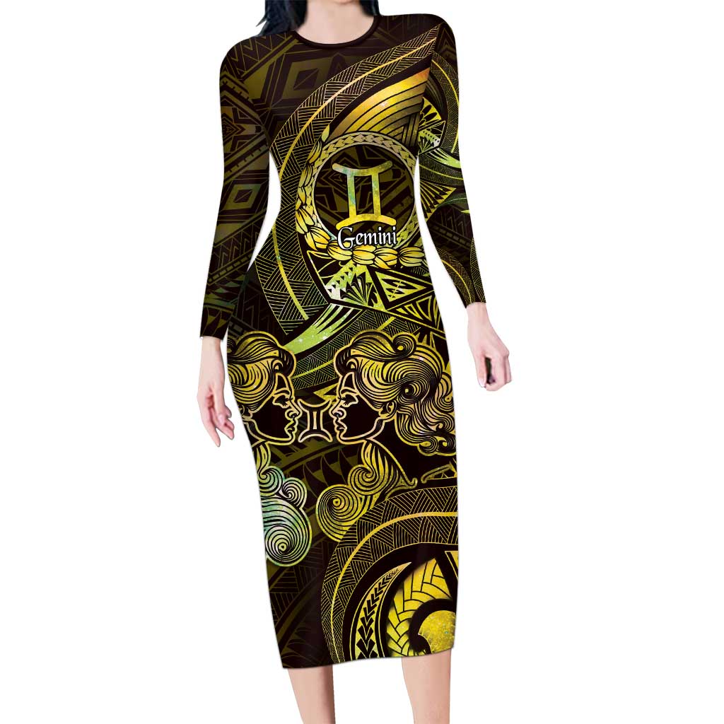 Personalised Polynesia Zodiac Gemini Family Matching Long Sleeve Bodycon Dress and Hawaiian Shirt Galaxy Polynesian Pattern Chest Tattoo Style LT14 Mom's Dress Yellow - Polynesian Pride