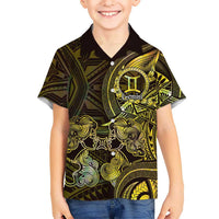 Personalised Polynesia Zodiac Gemini Family Matching Off Shoulder Short Dress and Hawaiian Shirt Galaxy Polynesian Pattern Chest Tattoo Style LT14 Son's Shirt Yellow - Polynesian Pride
