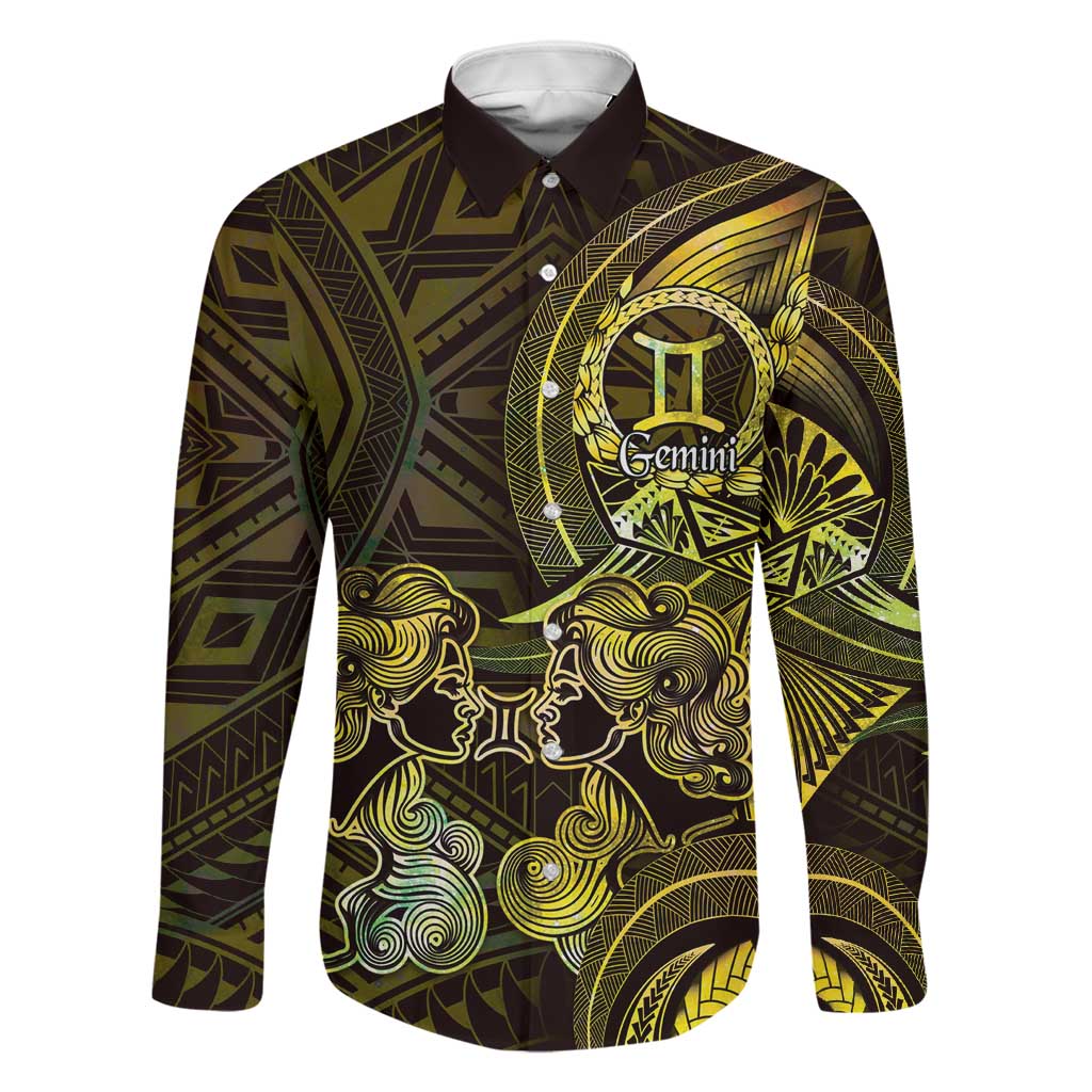 Personalised Polynesia Zodiac Gemini Family Matching Short Sleeve Bodycon Dress and Hawaiian Shirt Galaxy Polynesian Pattern Chest Tattoo Style LT14 Dad's Shirt - Long Sleeve Yellow - Polynesian Pride