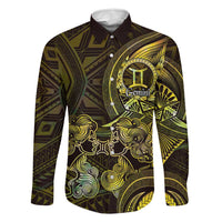 Personalised Polynesia Zodiac Gemini Family Matching Summer Maxi Dress and Hawaiian Shirt Galaxy Polynesian Pattern Chest Tattoo Style LT14 Dad's Shirt - Long Sleeve Yellow - Polynesian Pride