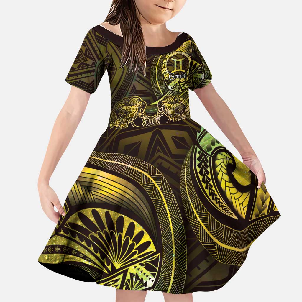 Personalised Polynesia Zodiac Gemini Family Matching Tank Maxi Dress and Hawaiian Shirt Galaxy Polynesian Pattern Chest Tattoo Style LT14 Daughter's Dress Yellow - Polynesian Pride