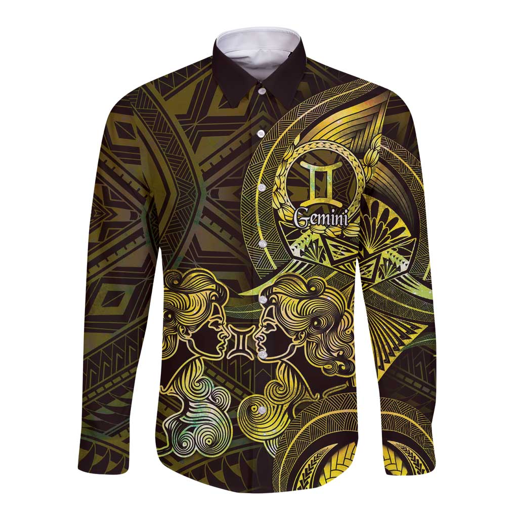 Personalised Polynesia Zodiac Gemini Long Sleeve Button Shirt Galaxy Polynesian Pattern Chest Tattoo Style LT14 Unisex Yellow - Polynesian Pride