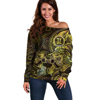 Personalised Polynesia Zodiac Gemini Off Shoulder Sweater Galaxy Polynesian Pattern Chest Tattoo Style LT14 Women Yellow - Polynesian Pride
