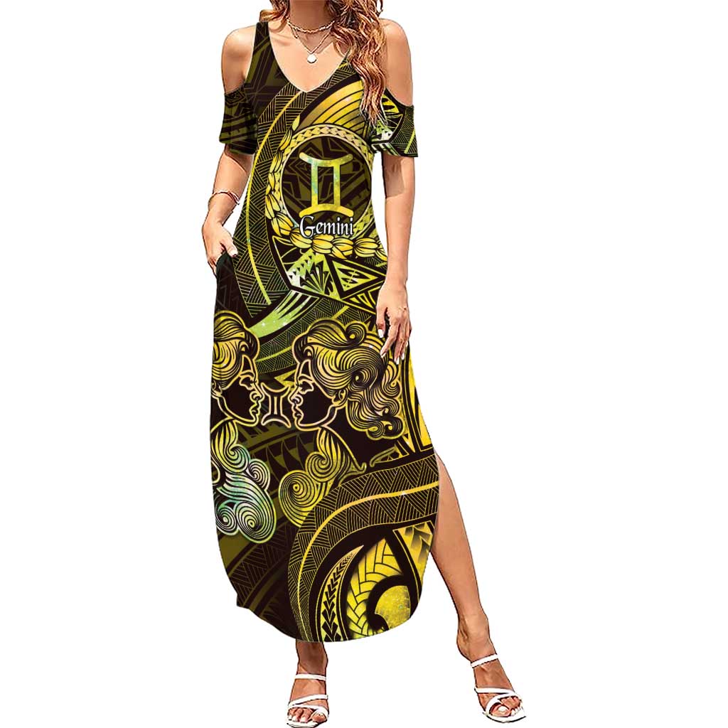 Personalised Polynesia Zodiac Gemini Summer Maxi Dress Galaxy Polynesian Pattern Chest Tattoo Style LT14 Women Yellow - Polynesian Pride