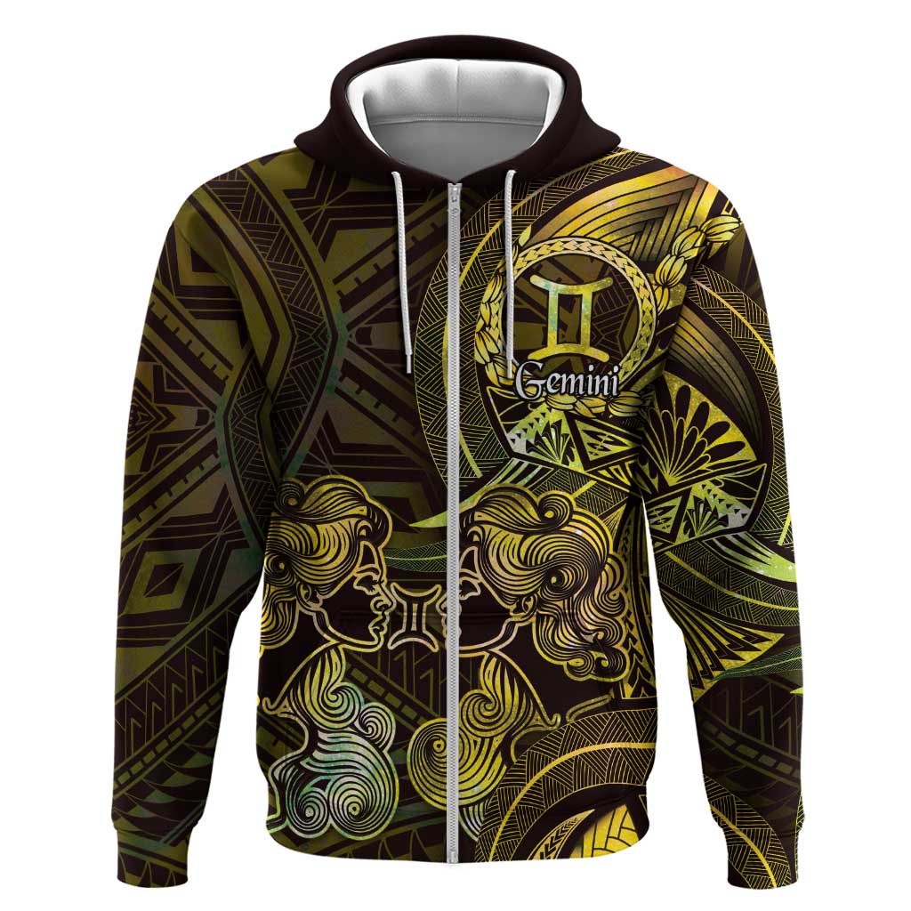 Personalised Polynesia Zodiac Gemini Zip Hoodie Galaxy Polynesian Pattern Chest Tattoo Style LT14 Zip Hoodie Yellow - Polynesian Pride