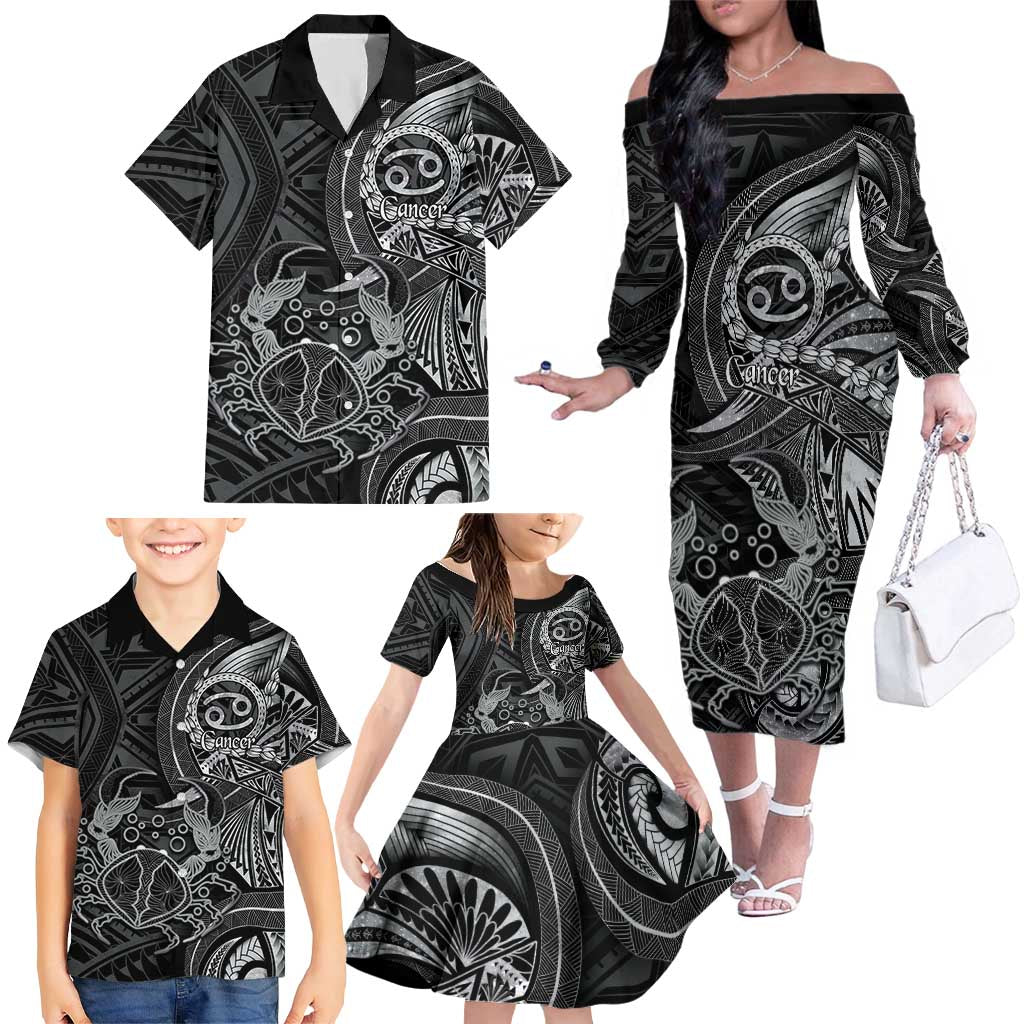 Personalised Polynesia Zodiac Cancer Family Matching Off The Shoulder Long Sleeve Dress and Hawaiian Shirt Galaxy Polynesian Pattern Chest Tattoo Style