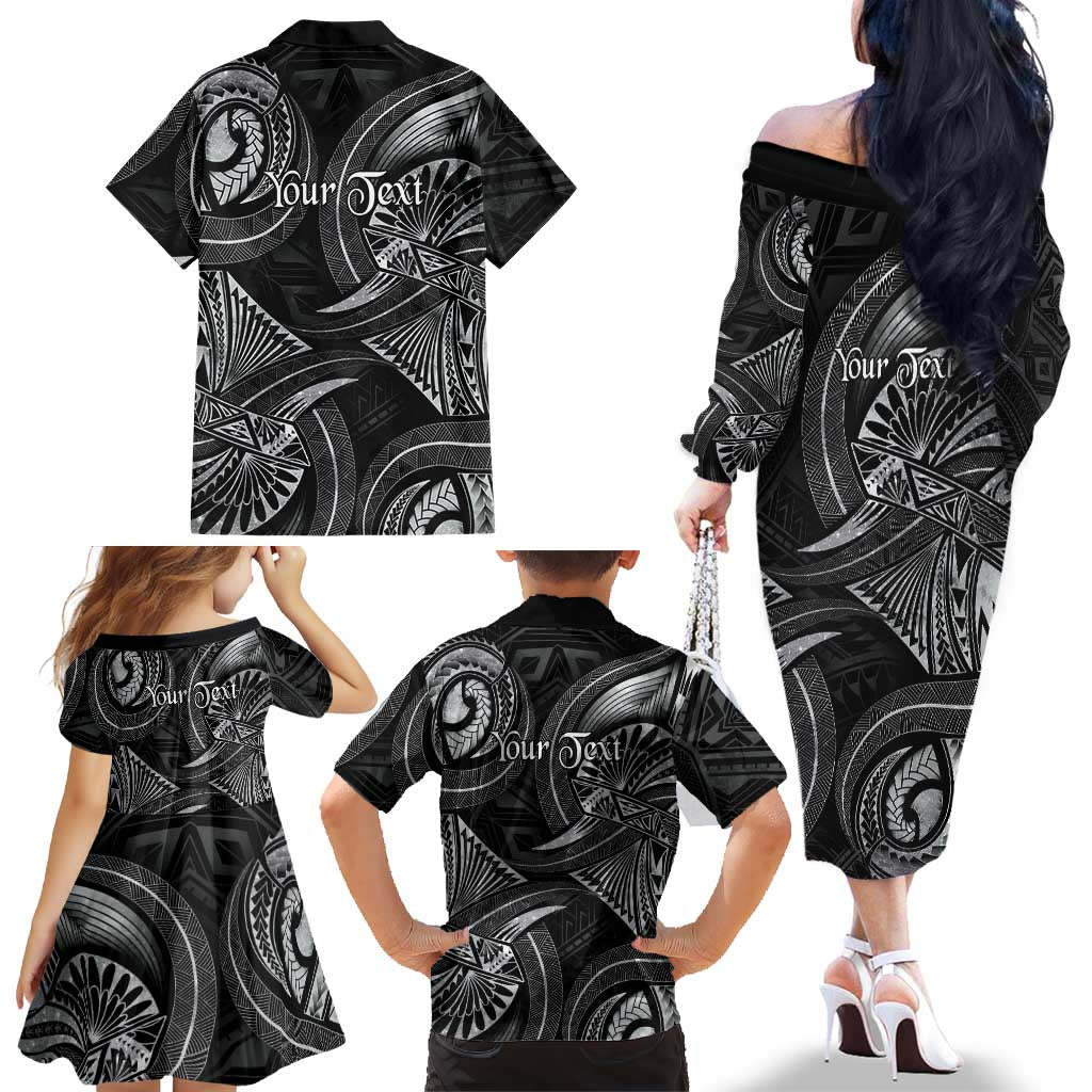 Personalised Polynesia Zodiac Cancer Family Matching Off The Shoulder Long Sleeve Dress and Hawaiian Shirt Galaxy Polynesian Pattern Chest Tattoo Style