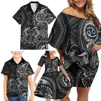 Personalised Polynesia Zodiac Cancer Family Matching Off Shoulder Short Dress and Hawaiian Shirt Galaxy Polynesian Pattern Chest Tattoo Style