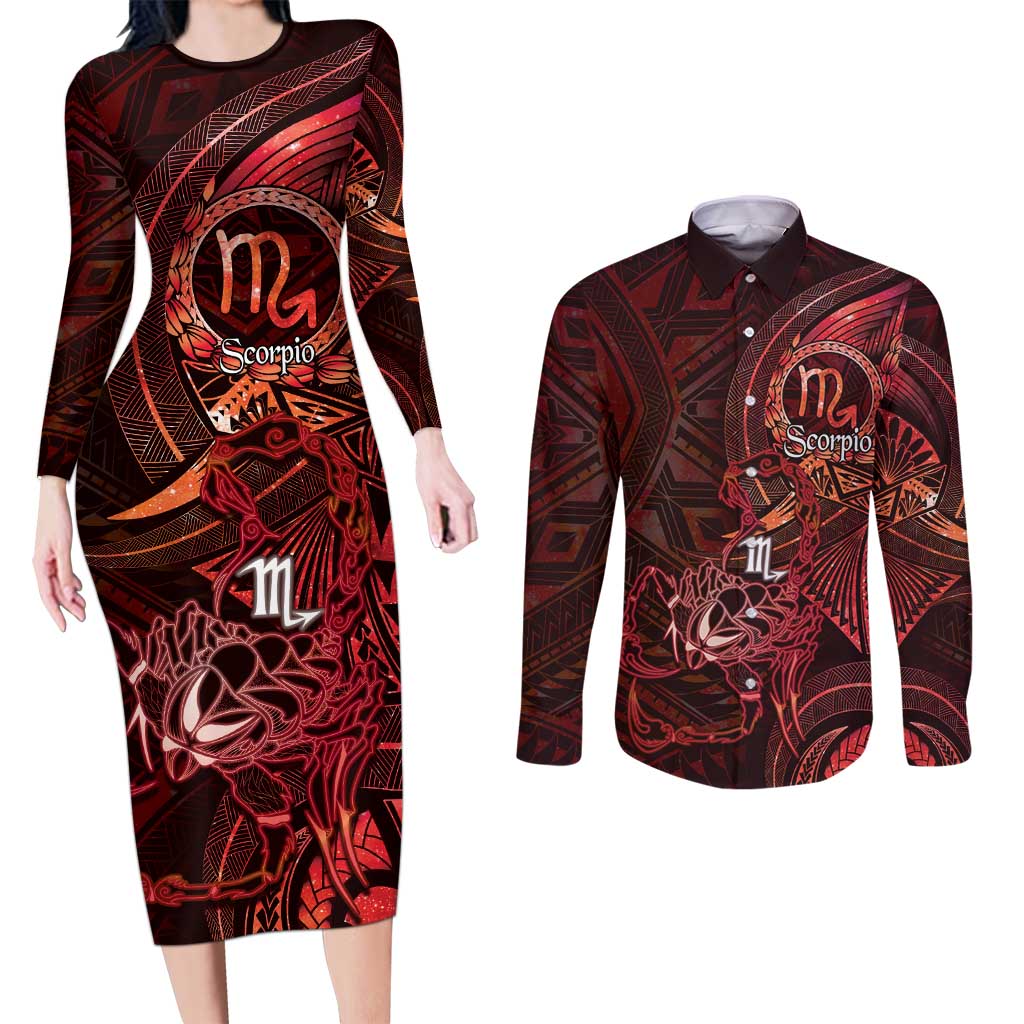 Personalised Polynesia Zodiac Scorpio Couples Matching Long Sleeve Bodycon Dress and Long Sleeve Button Shirt Galaxy Polynesian Pattern Chest Tattoo Style LT14 Red - Polynesian Pride