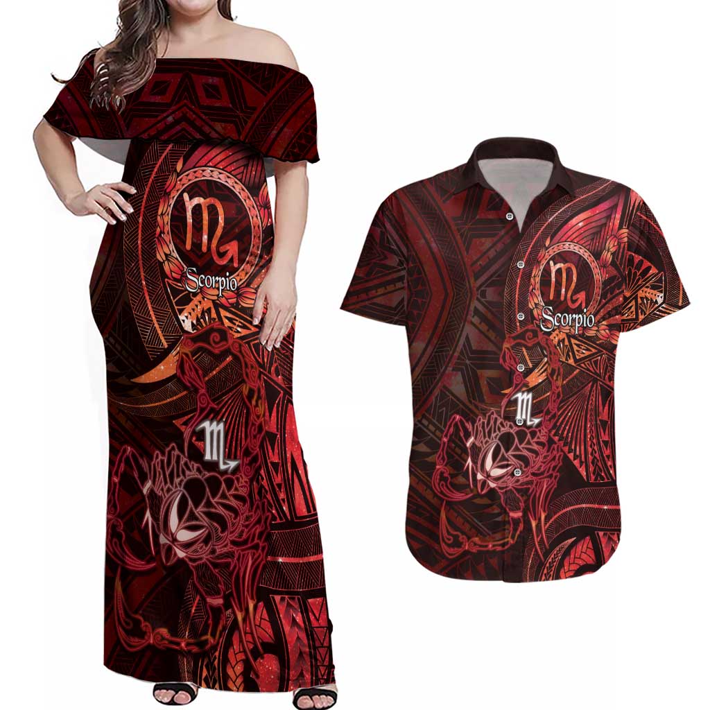 Personalised Polynesia Zodiac Scorpio Couples Matching Off Shoulder Maxi Dress and Hawaiian Shirt Galaxy Polynesian Pattern Chest Tattoo Style LT14 Red - Polynesian Pride