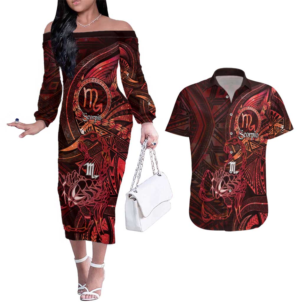 Personalised Polynesia Zodiac Scorpio Couples Matching Off The Shoulder Long Sleeve Dress and Hawaiian Shirt Galaxy Polynesian Pattern Chest Tattoo Style LT14 Red - Polynesian Pride