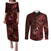Personalised Polynesia Zodiac Scorpio Couples Matching Puletasi and Long Sleeve Button Shirt Galaxy Polynesian Pattern Chest Tattoo Style LT14 Red - Polynesian Pride