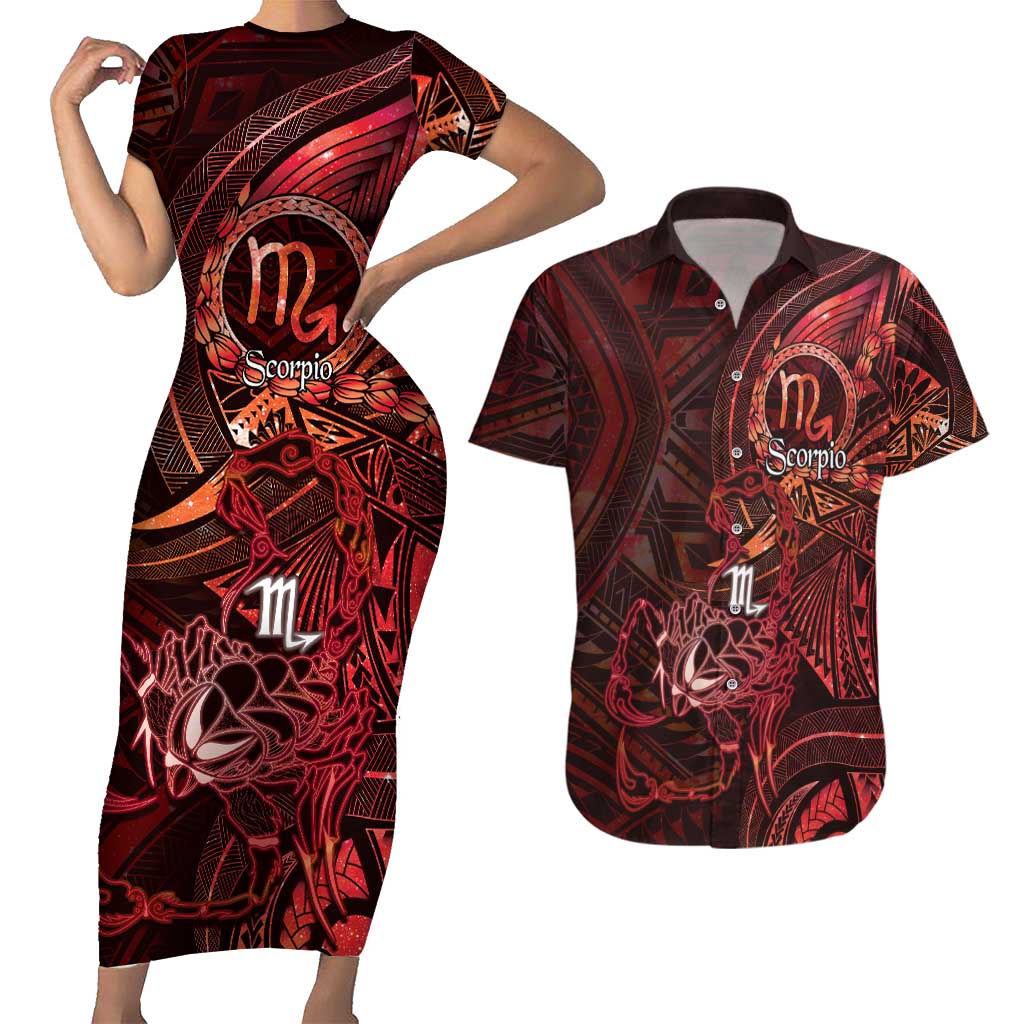 Personalised Polynesia Zodiac Scorpio Couples Matching Short Sleeve Bodycon Dress and Hawaiian Shirt Galaxy Polynesian Pattern Chest Tattoo Style LT14 Red - Polynesian Pride