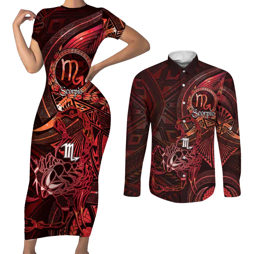 Personalised Polynesia Zodiac Scorpio Couples Matching Short Sleeve Bodycon Dress and Long Sleeve Button Shirt Galaxy Polynesian Pattern Chest Tattoo Style LT14 Red - Polynesian Pride