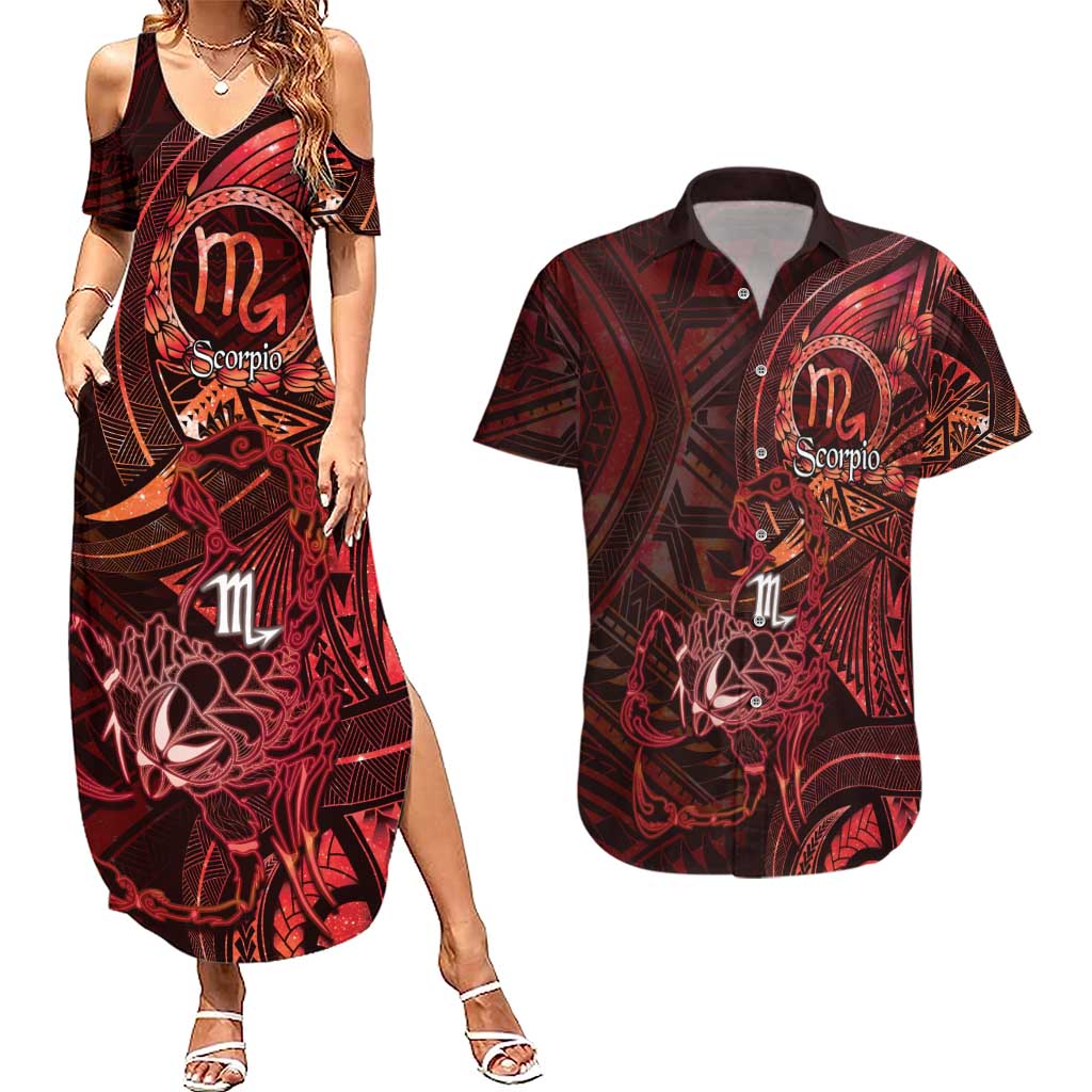 Personalised Polynesia Zodiac Scorpio Couples Matching Summer Maxi Dress and Hawaiian Shirt Galaxy Polynesian Pattern Chest Tattoo Style LT14 Red - Polynesian Pride