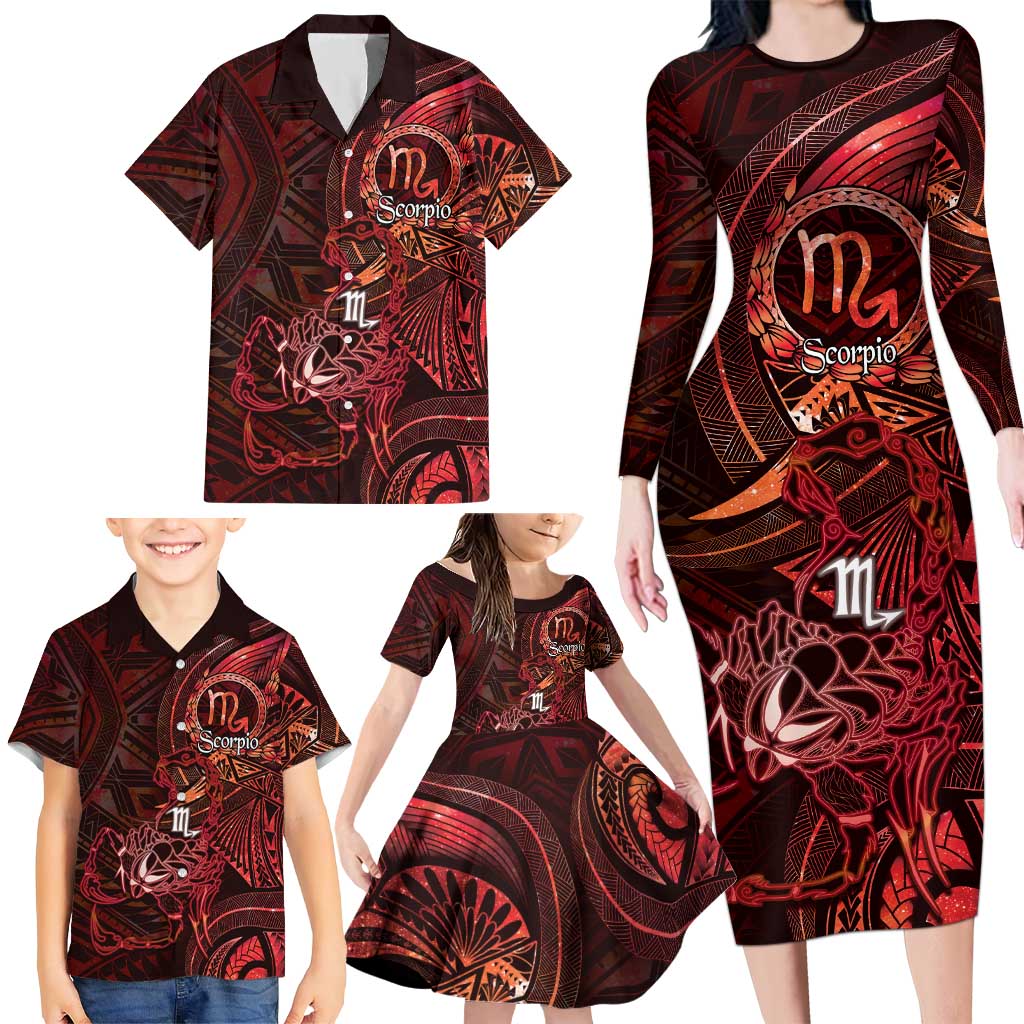 Personalised Polynesia Zodiac Scorpio Family Matching Long Sleeve Bodycon Dress and Hawaiian Shirt Galaxy Polynesian Pattern Chest Tattoo Style LT14 - Polynesian Pride