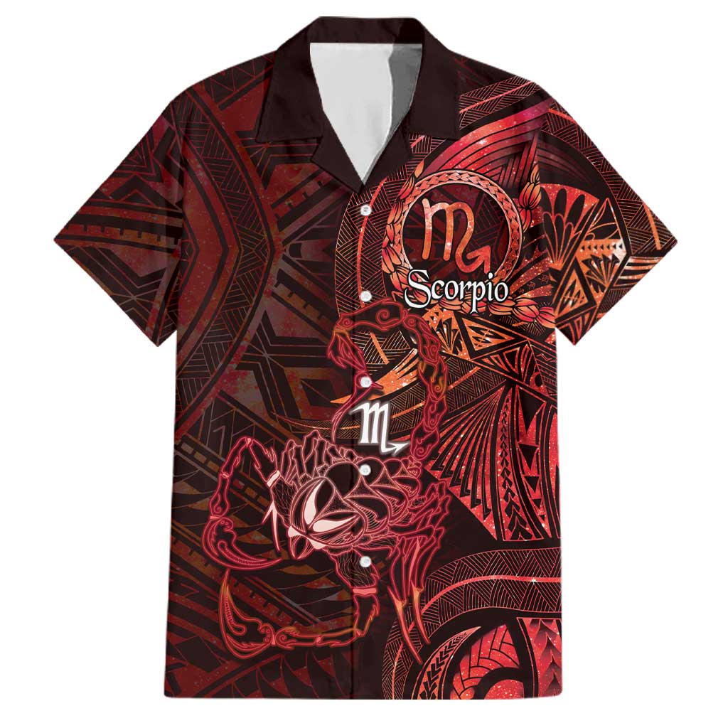 Personalised Polynesia Zodiac Scorpio Family Matching Off The Shoulder Long Sleeve Dress and Hawaiian Shirt Galaxy Polynesian Pattern Chest Tattoo Style LT14 Dad's Shirt - Short Sleeve Red - Polynesian Pride