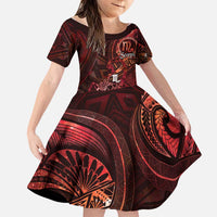 Personalised Polynesia Zodiac Scorpio Family Matching Off Shoulder Maxi Dress and Hawaiian Shirt Galaxy Polynesian Pattern Chest Tattoo Style LT14 Daughter's Dress Red - Polynesian Pride