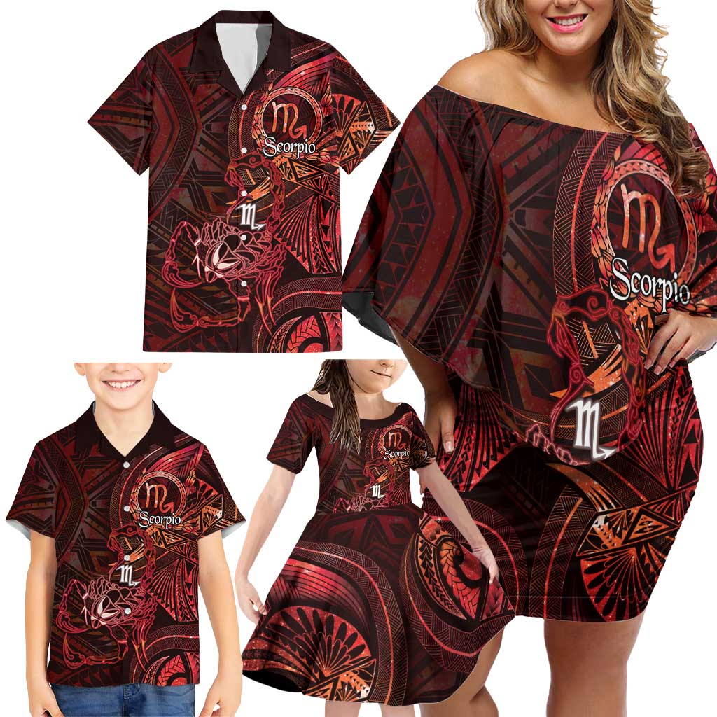Personalised Polynesia Zodiac Scorpio Family Matching Off Shoulder Short Dress and Hawaiian Shirt Galaxy Polynesian Pattern Chest Tattoo Style LT14 - Polynesian Pride