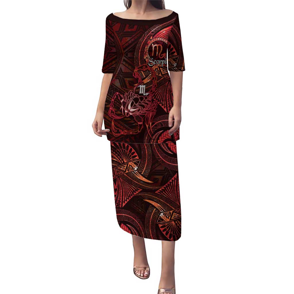 Personalised Polynesia Zodiac Scorpio Family Matching Puletasi and Hawaiian Shirt Galaxy Polynesian Pattern Chest Tattoo Style LT14 Mom's Dress Red - Polynesian Pride