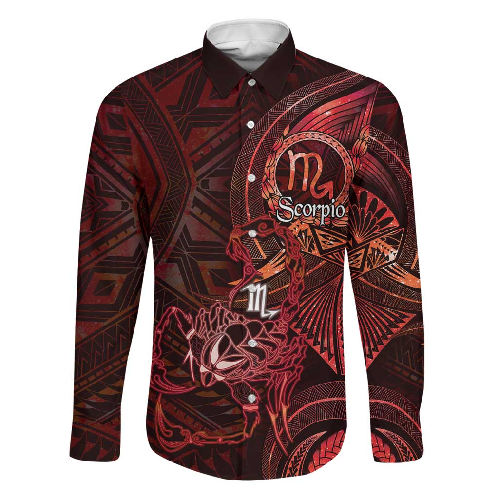 Personalised Polynesia Zodiac Scorpio Family Matching Summer Maxi Dress and Hawaiian Shirt Galaxy Polynesian Pattern Chest Tattoo Style LT14 Dad's Shirt - Long Sleeve Red - Polynesian Pride