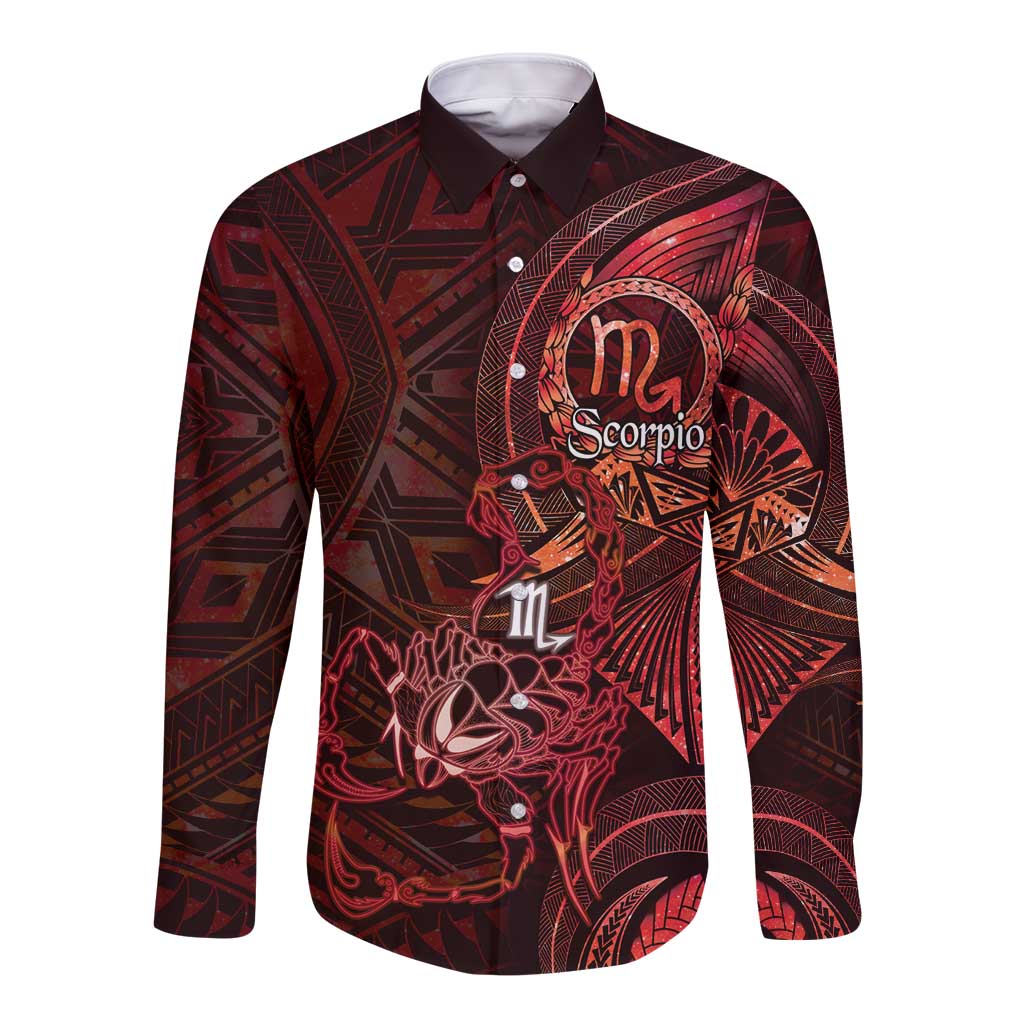 Personalised Polynesia Zodiac Scorpio Long Sleeve Button Shirt Galaxy Polynesian Pattern Chest Tattoo Style