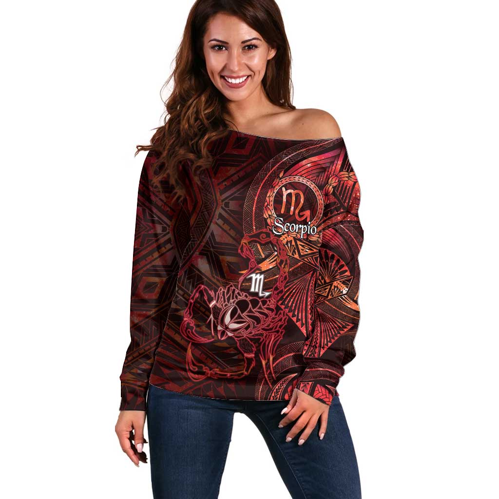 Personalised Polynesia Zodiac Scorpio Off Shoulder Sweater Galaxy Polynesian Pattern Chest Tattoo Style