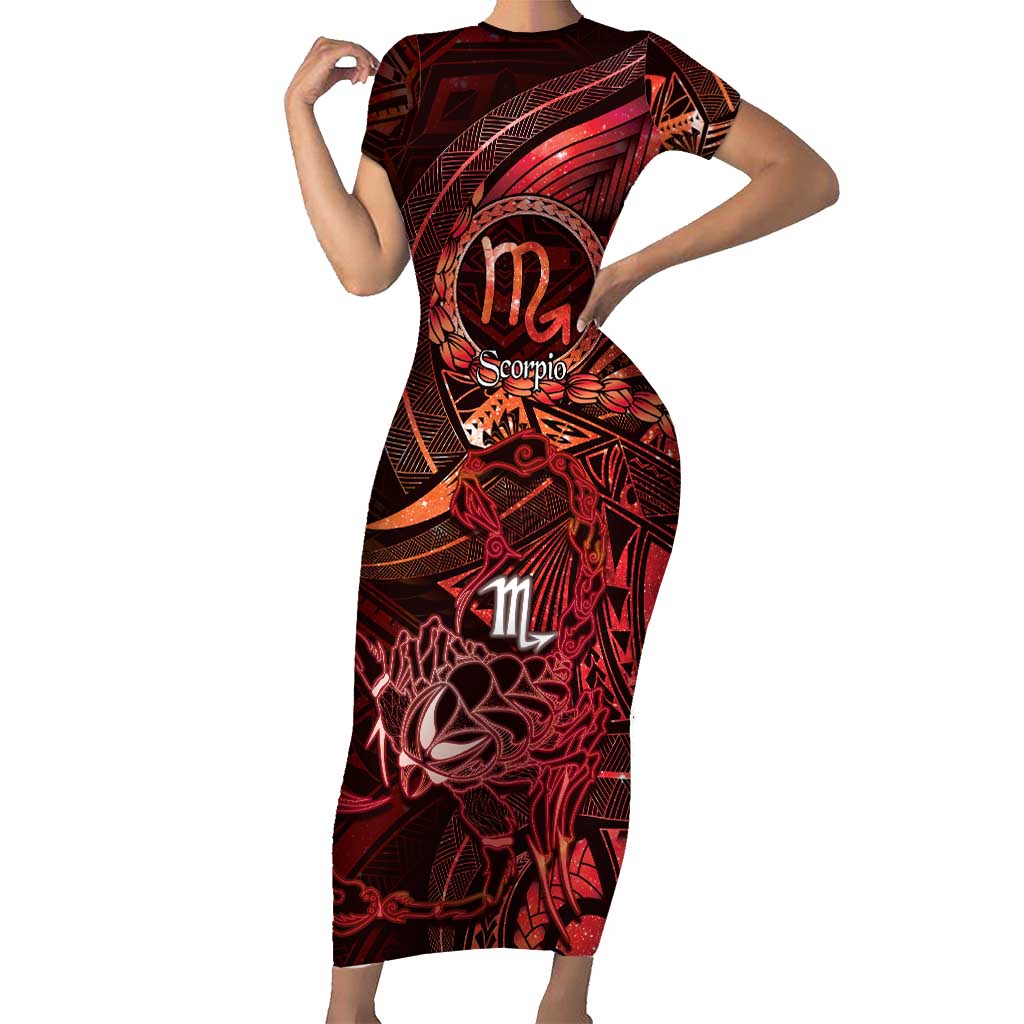 Personalised Polynesia Zodiac Scorpio Short Sleeve Bodycon Dress Galaxy Polynesian Pattern Chest Tattoo Style LT14 Long Dress Red - Polynesian Pride