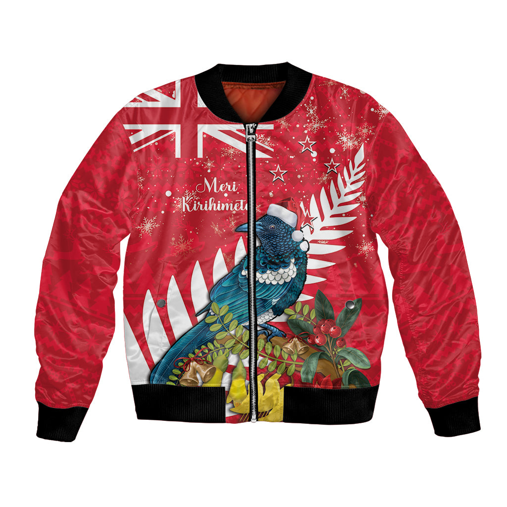 New Zealand Christmas In July Bomber Jacket Tui Bird With Kowhai Meri Kirihimete