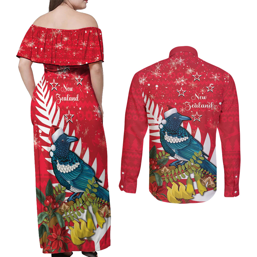 New Zealand Christmas In July Couples Matching Off Shoulder Maxi Dress and Long Sleeve Button Shirt Tui Bird With Kowhai Meri Kirihimete