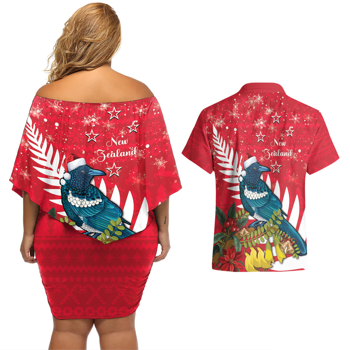New Zealand Christmas In July Couples Matching Off Shoulder Short Dress and Hawaiian Shirt Tui Bird With Kowhai Meri Kirihimete