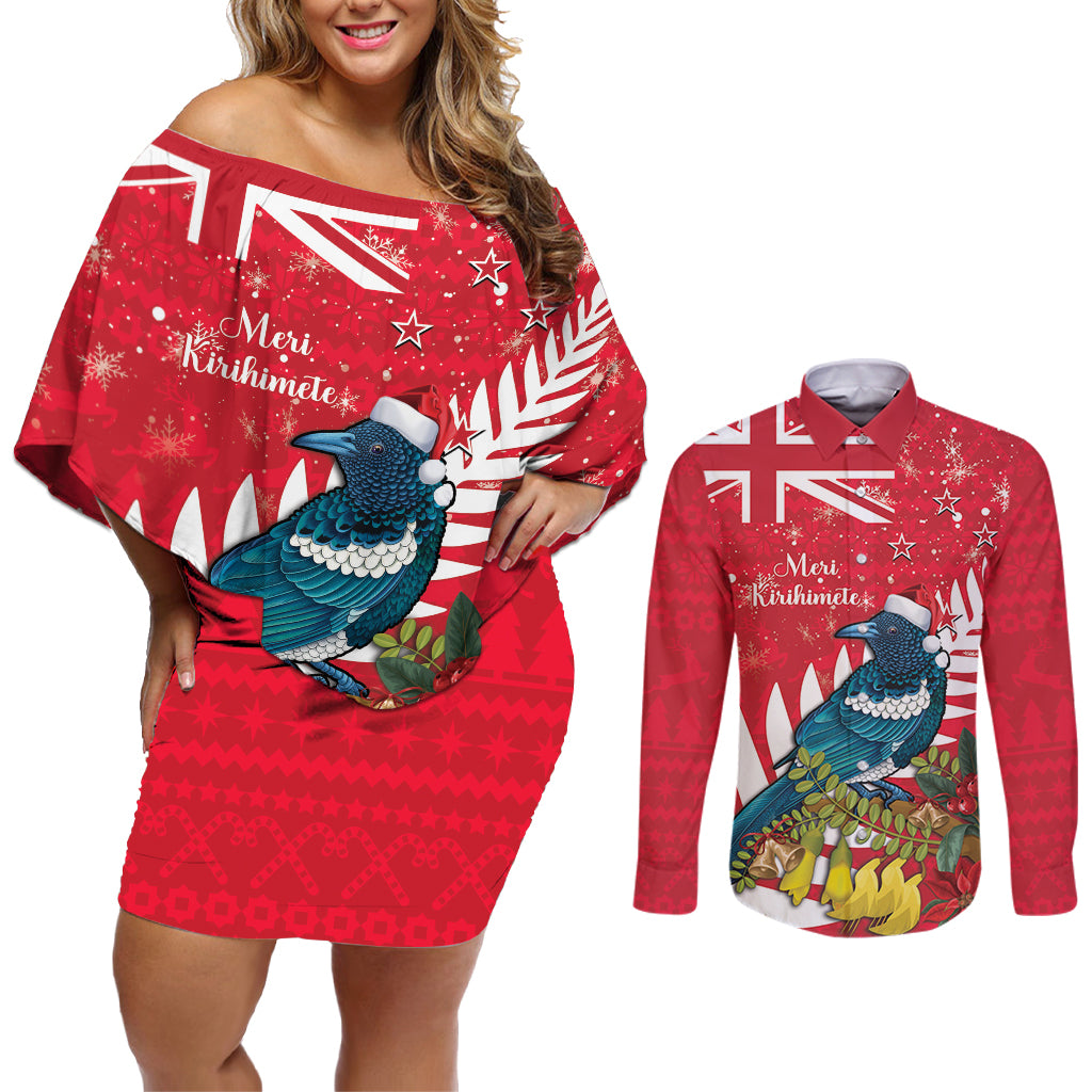 New Zealand Christmas In July Couples Matching Off Shoulder Short Dress and Long Sleeve Button Shirt Tui Bird With Kowhai Meri Kirihimete