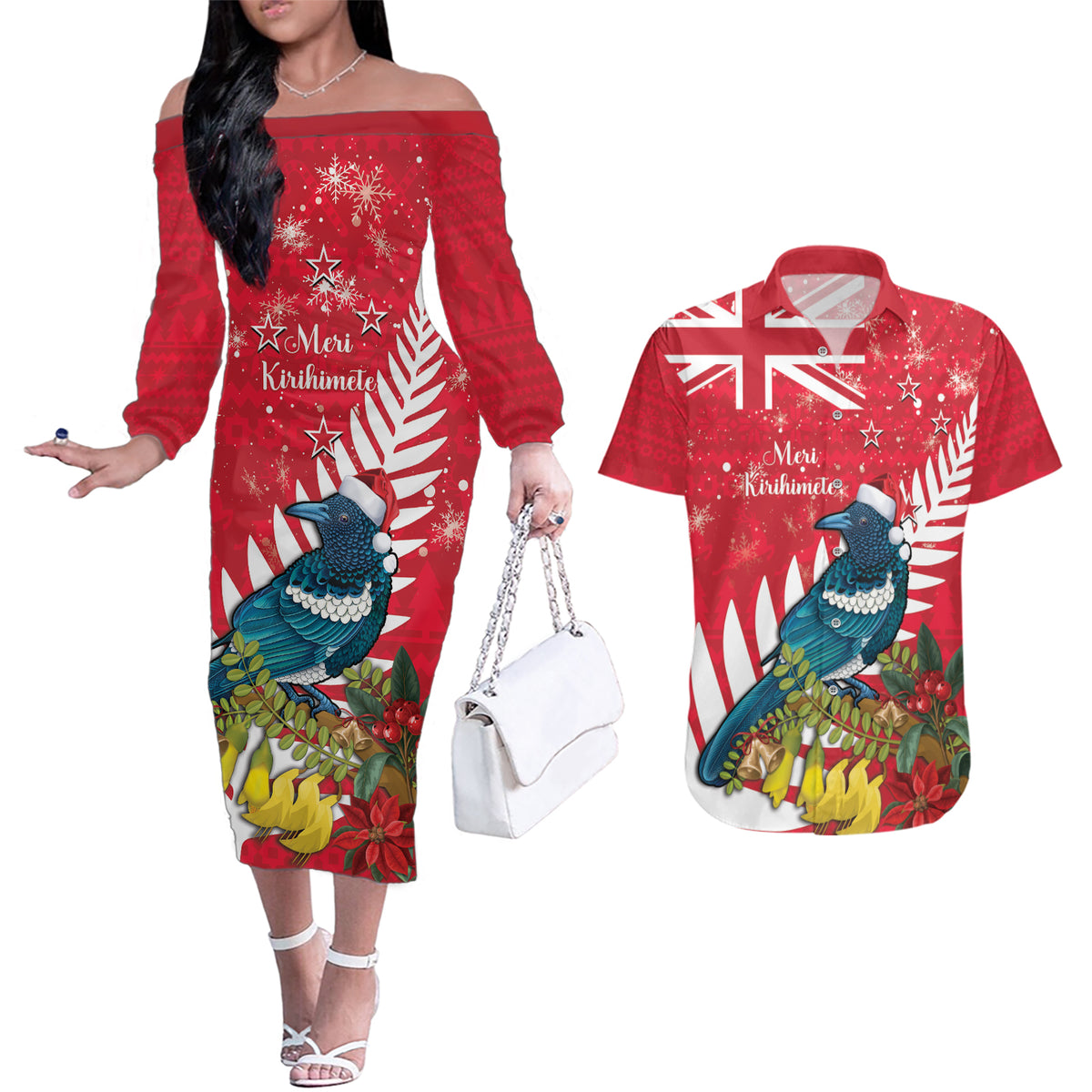 New Zealand Christmas In July Couples Matching Off The Shoulder Long Sleeve Dress and Hawaiian Shirt Tui Bird With Kowhai Meri Kirihimete