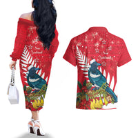New Zealand Christmas In July Couples Matching Off The Shoulder Long Sleeve Dress and Hawaiian Shirt Tui Bird With Kowhai Meri Kirihimete