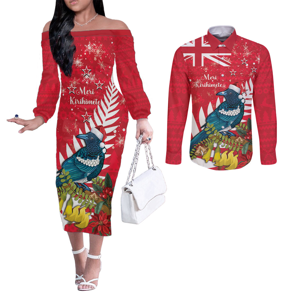 New Zealand Christmas In July Couples Matching Off The Shoulder Long Sleeve Dress and Long Sleeve Button Shirt Tui Bird With Kowhai Meri Kirihimete