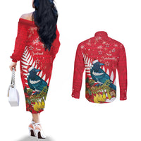 New Zealand Christmas In July Couples Matching Off The Shoulder Long Sleeve Dress and Long Sleeve Button Shirt Tui Bird With Kowhai Meri Kirihimete